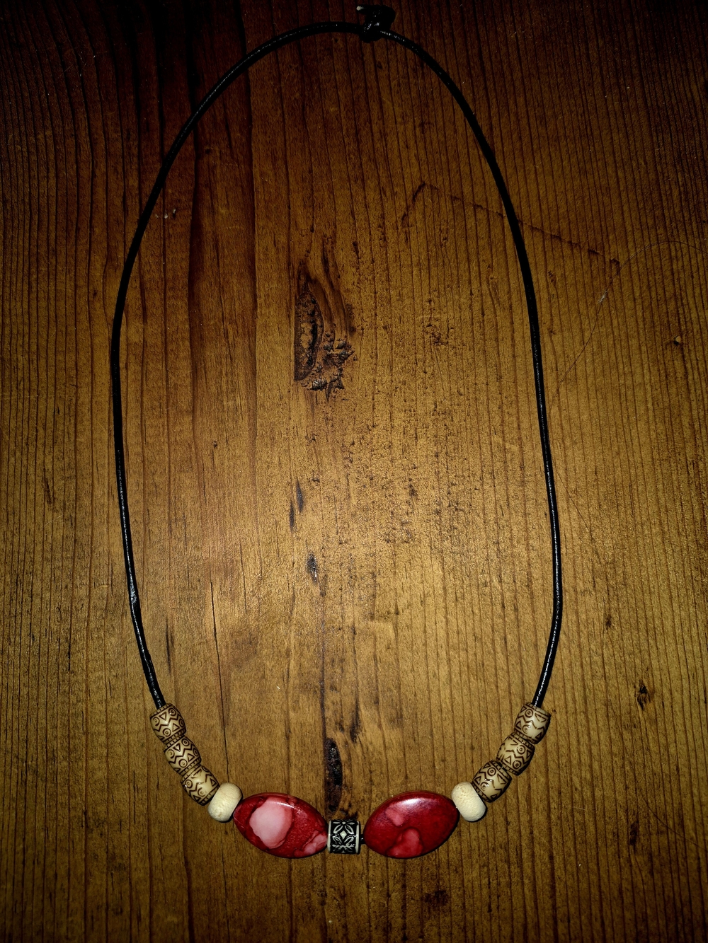 Boho Handcrafted Leather Cord Red Bead Pendant Necklace - Women Jewelry